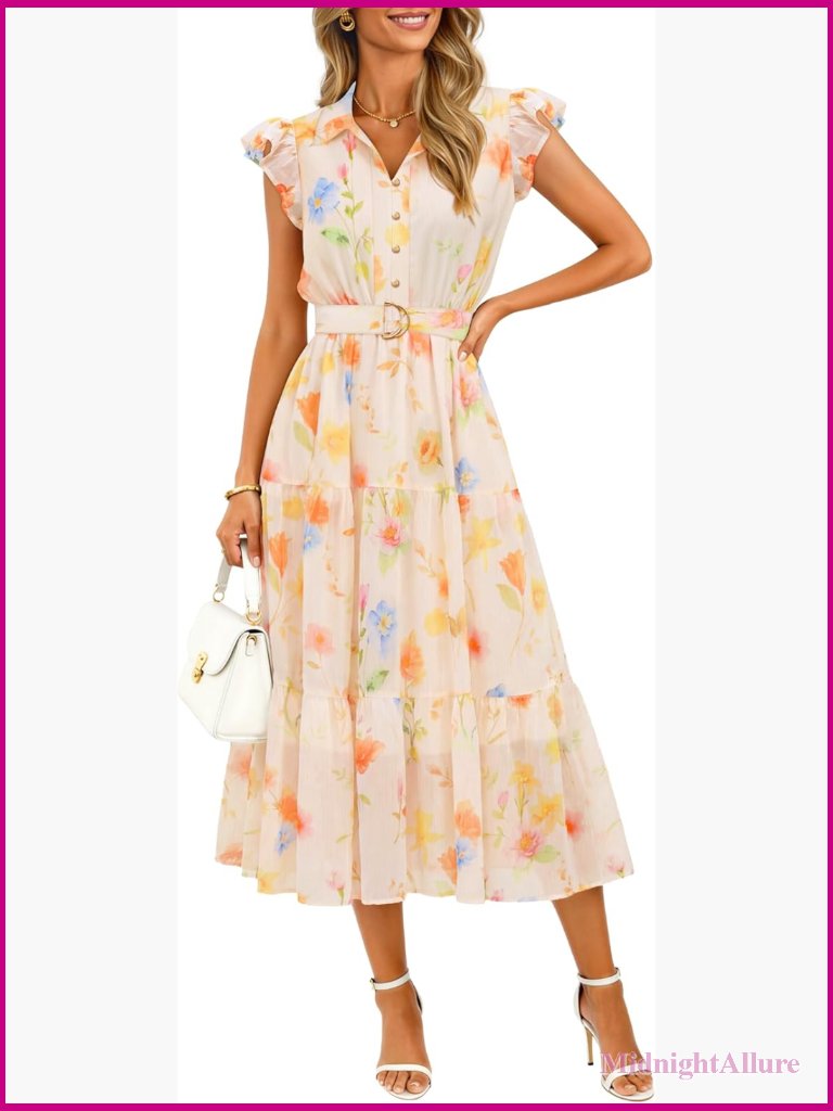 Women's Flutter Sleeve Midi Dress A-Line V-Neck Wedding Guest